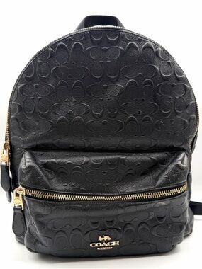 Coach Black Embossed Signature Leather Mini Backpack with Gold Hardware